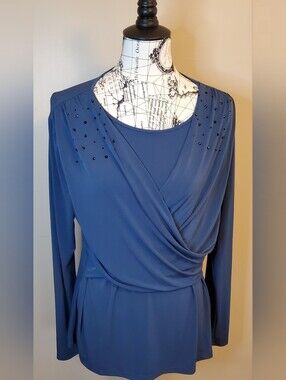 Daisy Fuentes XL Blue Draped Blouse Faux Wrap Studded Stretch Body Contour Top